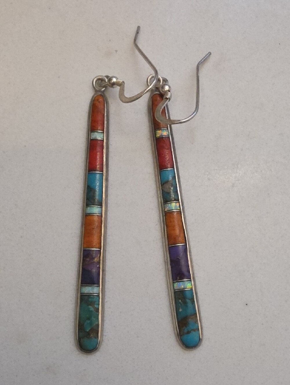 925 Silver Multi-Color Inlay Bar Drop Earrings - Women Jewelry - Picture 6 of 6